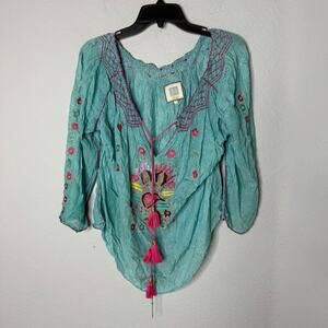 Bell By Alicia Bell Boho Embroidered Peasant Blouse Aqua Blue Pink